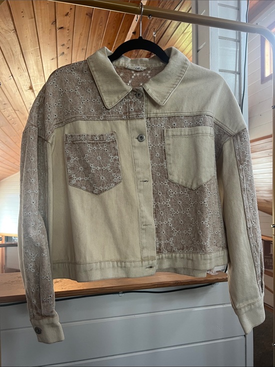 new in Jackets & Blazers - “New In” Beige Lace-Panel Cropped Jean Jacket
